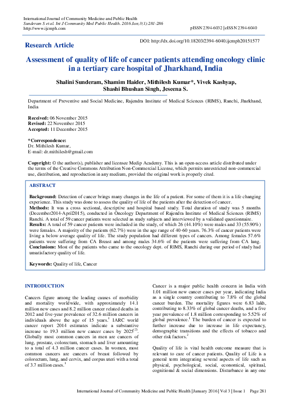 (PDF) Assessment of quality of life of cancer patients in a tertiary ...