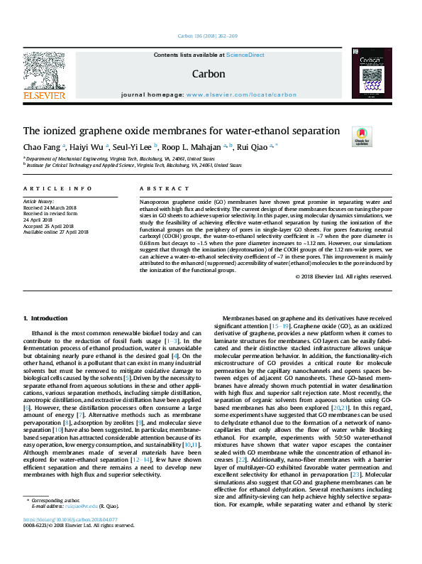 (PDF) The ionized graphene oxide membranes for water-ethanol separation