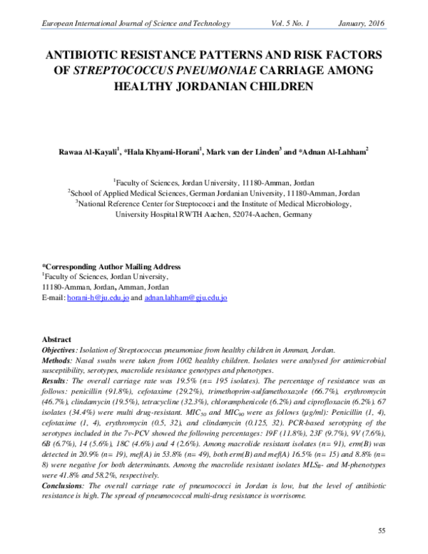 (PDF) Antibiotic Resistance Patterns and Risk Factors of Streptococcus ...