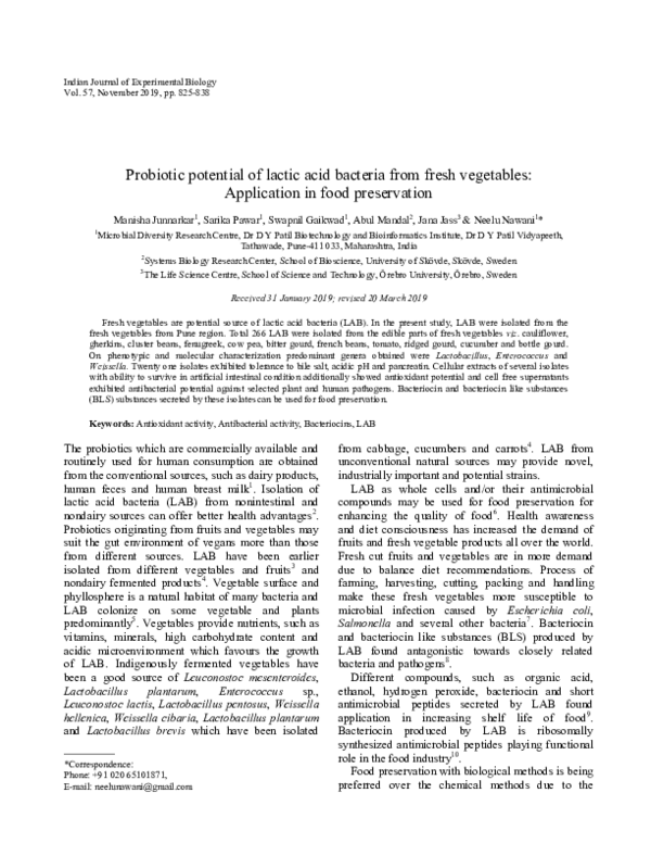 (PDF) Probiotic potential of lactic acid bacteria from fresh vegetables ...