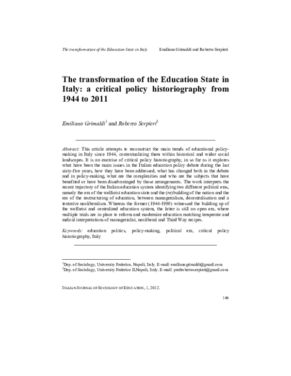 (PDF) The transformation of the Education State in Italy: a critical ...