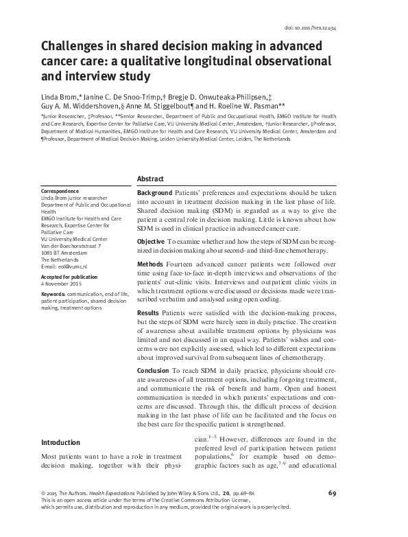 (PDF) Challenges in shared decision making in advanced cancer care: a ...