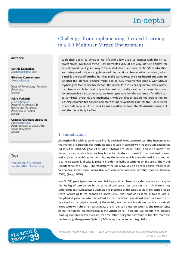 (PDF) Challenges from implementing Blended Learning in a 3D Multiuser ...