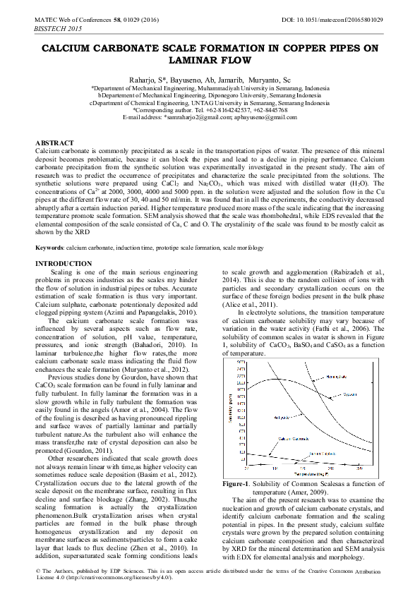 (PDF) Calcium Carbonate Scale Formation in Copper Pipes on Laminar Flow