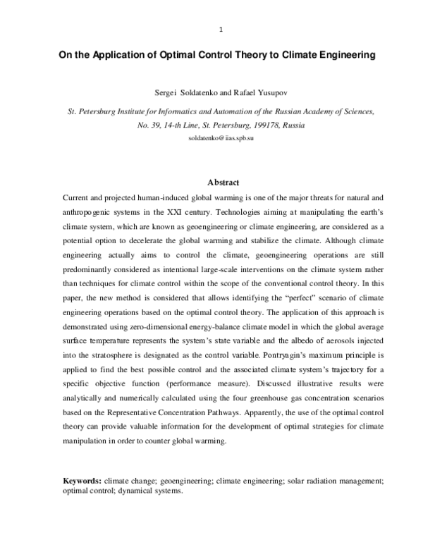 (PDF) On the Application of Optimal Control Theory to Climate Engineering
