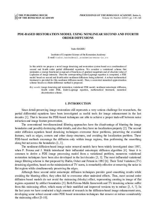 (PDF) Pde-Based Restoration Model Using Nonlinear Second and Fourth ...