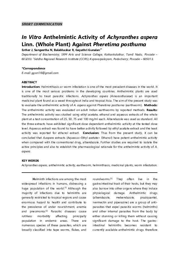 (PDF) In Vitro Anthelmintic Activity of Achyranthes aspera Linn ...