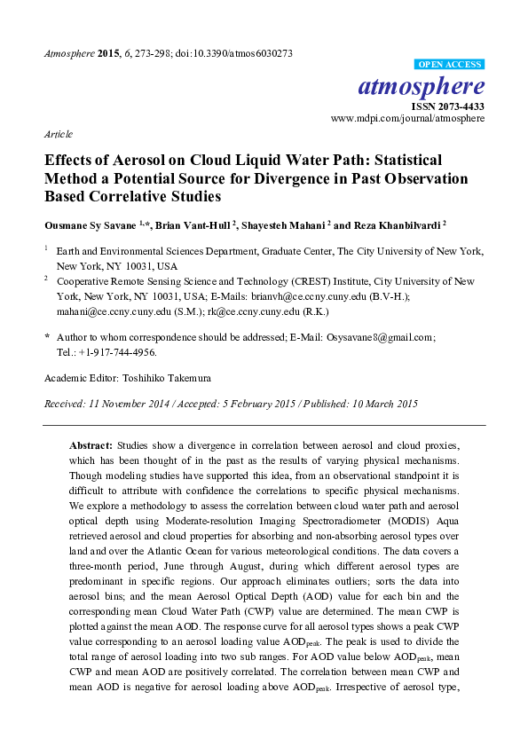 (PDF) Effects of Aerosol on Cloud Liquid Water Path : Statistical ...