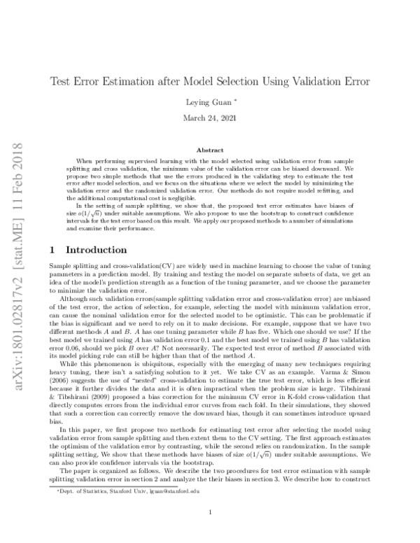 (PDF) Test Error Estimation after Model Selection Using Validation Error