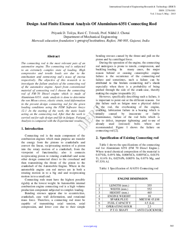(PDF) Design And Finite Element Analysis Of Aluminium-6351 Connecting Rod