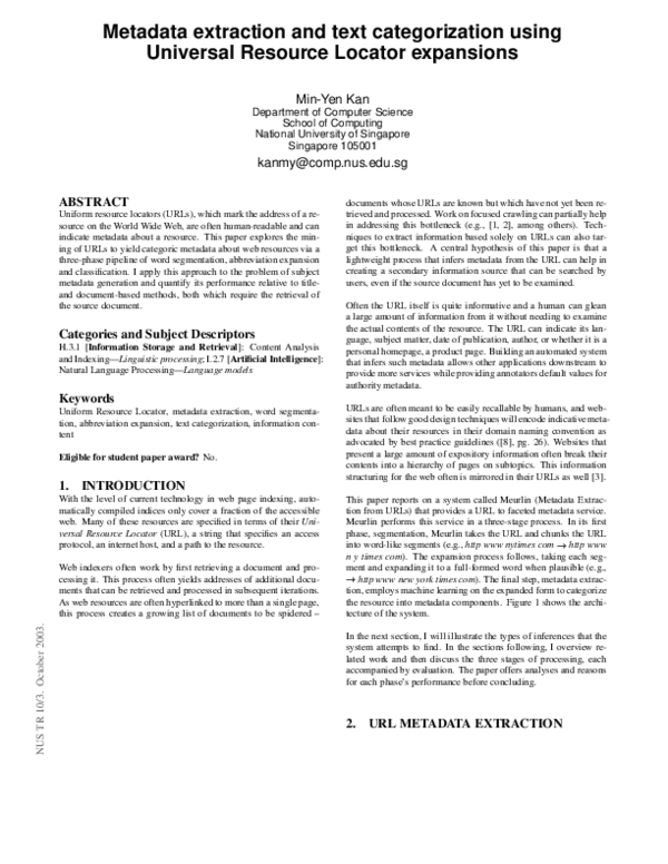 (PDF) Metadata extraction and text categorization using Universal ...