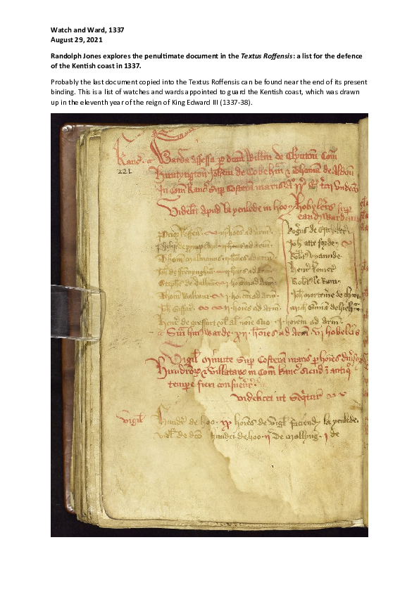 (DOC) Textus Roffensis: Watch and Ward List, 1337