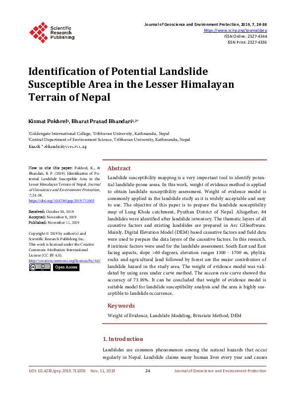 (PDF) Identification of Potential Landslide Susceptible Area in the ...