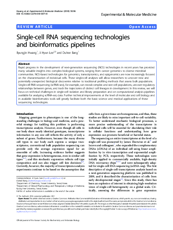 (PDF) Single-cell RNA sequencing technologies and bioinformatics pipelines