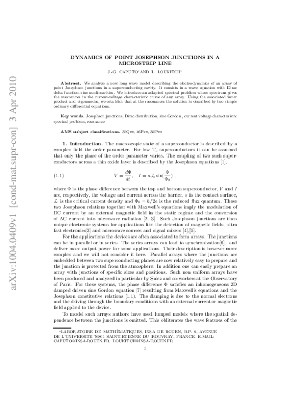 (PDF) Dynamics of point Josephson junctions in a microstrip line J.g. Caputo Academia.edu
