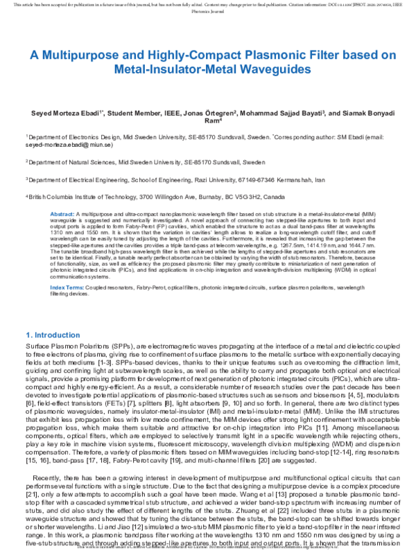 (PDF) A Multipurpose and Highly-Compact Plasmonic Filter based on Metal ...