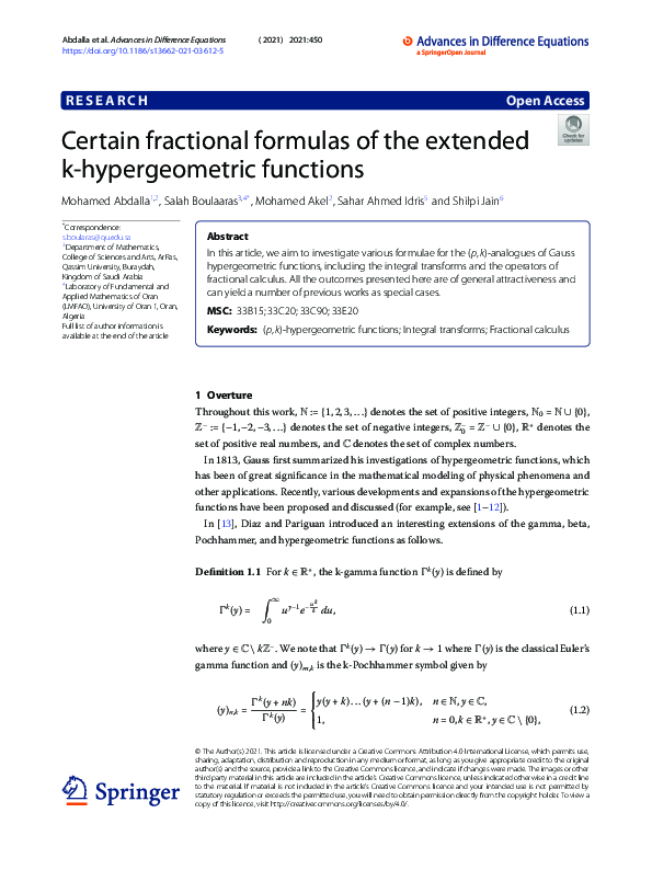 (PDF) Certain fractional formulas of the extended k-hypergeometric ...