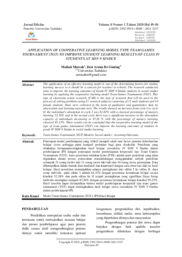 (PDF) Application of the Cooperative Learning Model Type Make a Match ...