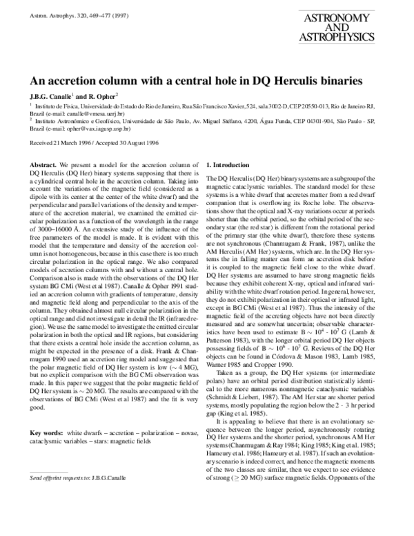 (PDF) An accretion column with a central hole in DQ Herculis binaries