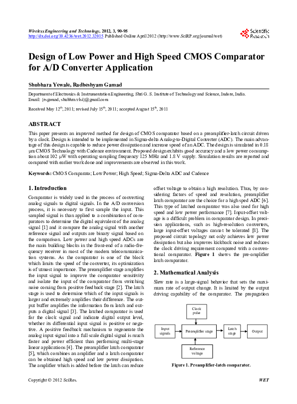 (PDF) Design of Low Power and High Speed CMOS Comparator for A/D ...