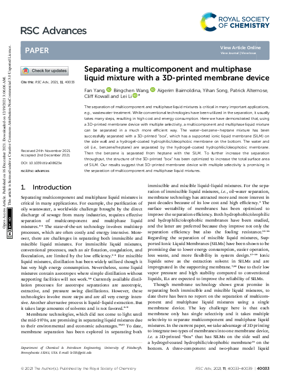 (PDF) Separating a multicomponent and multiphase liquid mixture with a ...