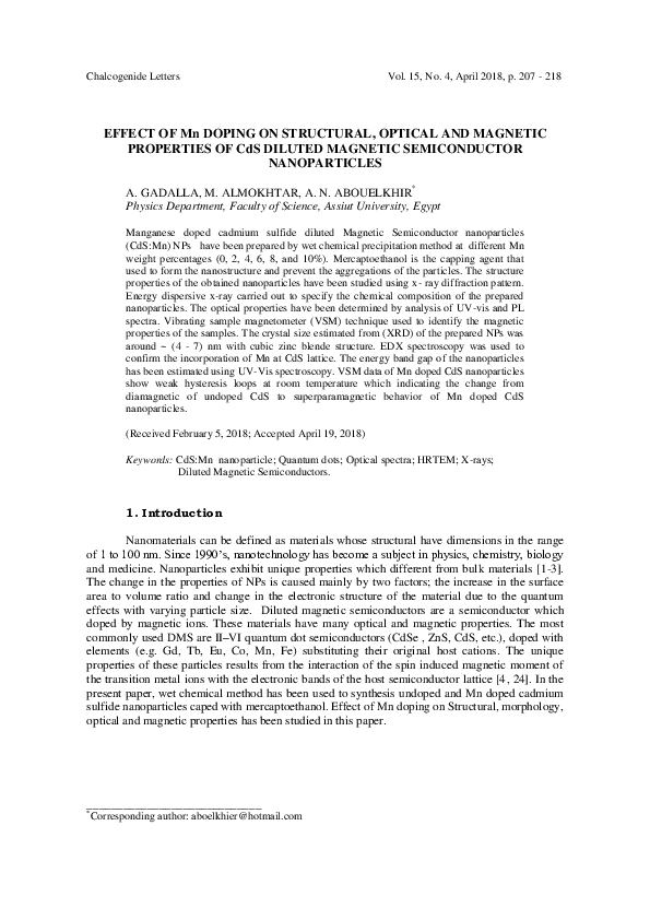 (PDF) EFFECT OF Mn DOPING ON STRUCTURAL , OPTICAL AND MAGNETIC ...