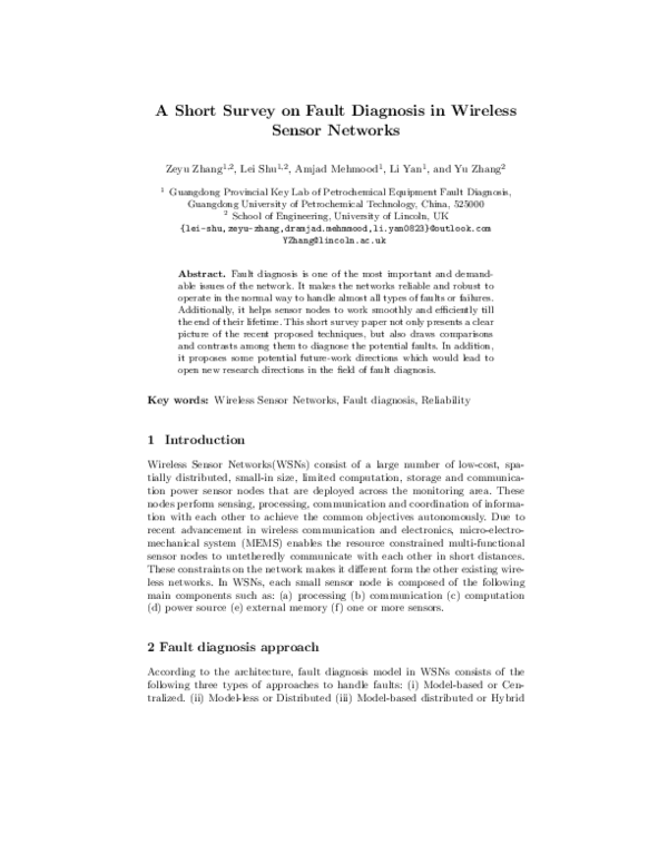 (PDF) A Short Survey on Fault Diagnosis in Wireless Sensor Networks