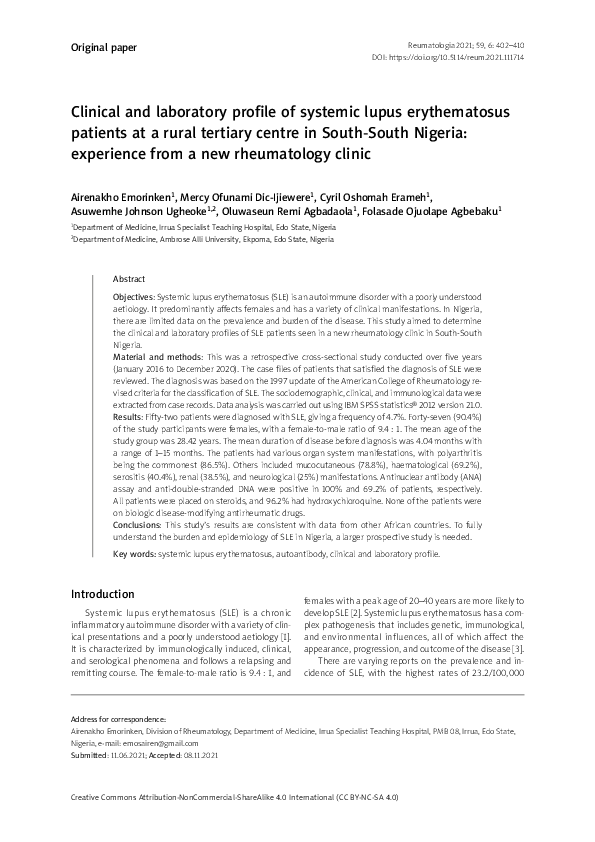 (PDF) Clinical and laboratory profile of systemic lupus erythematosus ...