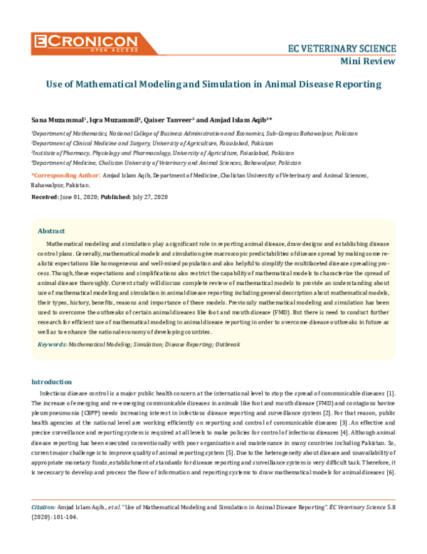 (PDF) Use of Mathematical Modeling and Simulation in Animal Disease ...