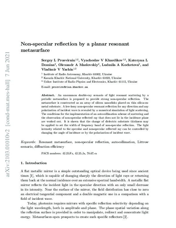 (PDF) Nonspecular reflection by a planar resonant metasurface Sergey L Prosvirnin Academia.edu