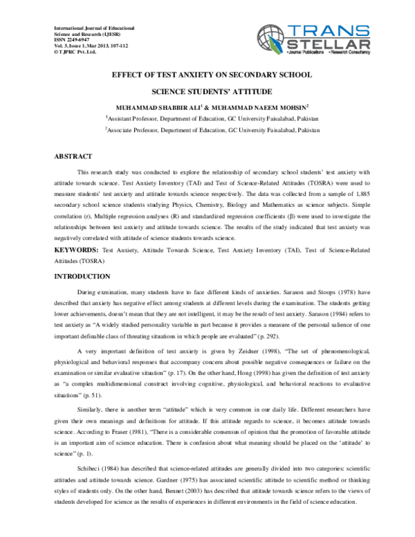 (PDF) Effect of Test Anxiety on Secondary School Science Students ...