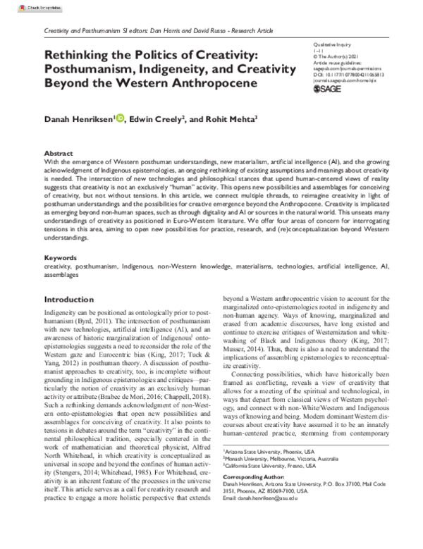 Rethinking the Politics of Creativity: Posthumanism, Indigeneity, and Creativity Beyond the Western Anthropocene