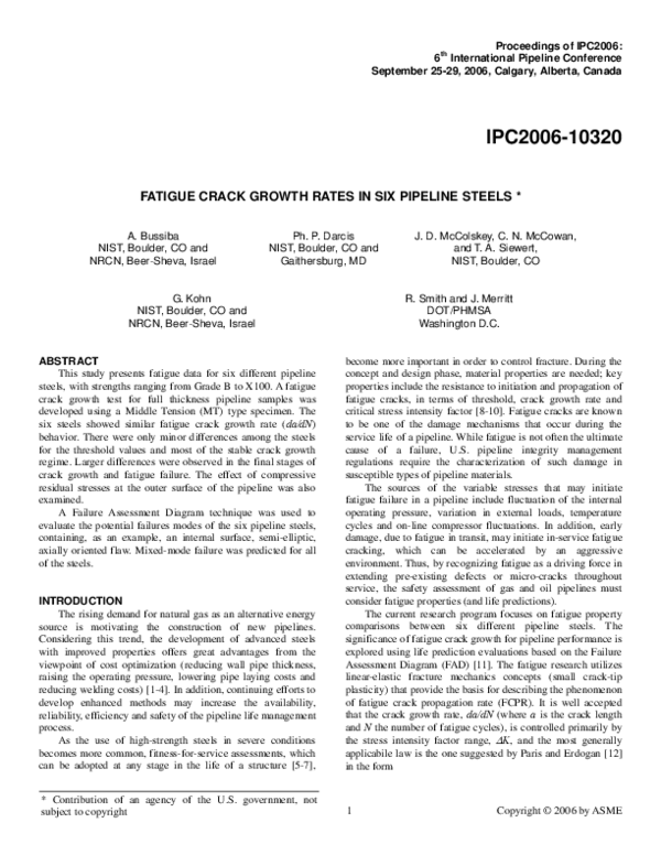 (PDF) Fatigue Crack Growth Rates in Six Pipeline Steels