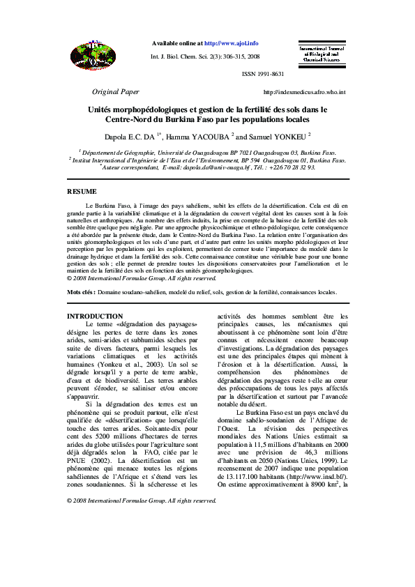 (PDF) Unités morphopédologiques et gestion de la fertilité des sols ...