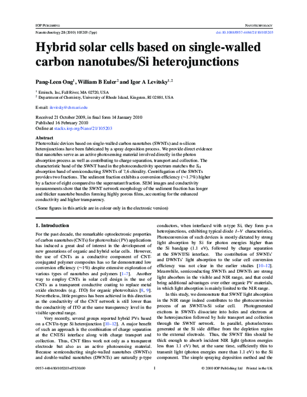 (PDF) Hybrid solar cells based on single-walled carbon nanotubes/Si ...