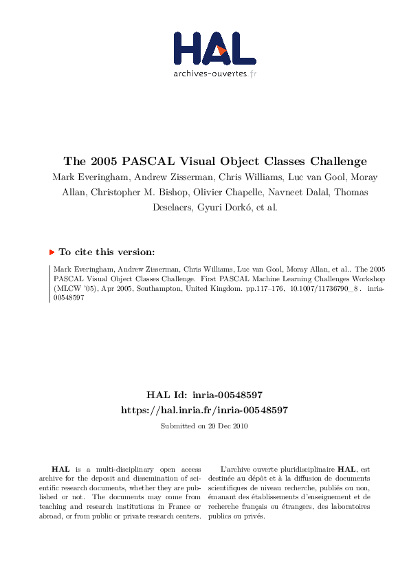 (PDF) The PASCAL visual object classes challenge 2007 (VOC2007) results