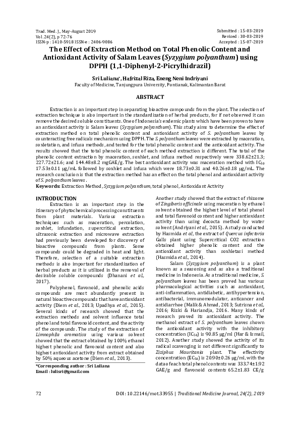 (PDF) The Effect of Extraction Method on Total Phenolic Content and ...