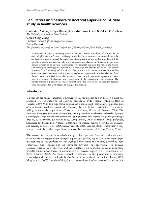(PDF) Facilitators and barriers to doctoral supervision: A case study ...