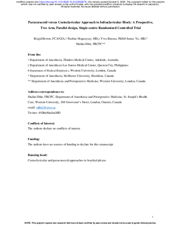 (PDF) Paracoracoid versus Costoclavicular Approach to Infraclavicular ...