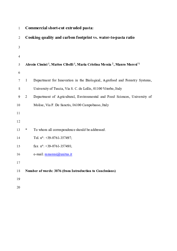 (PDF) Commercial shortcut extruded pasta Cooking quality and carbon