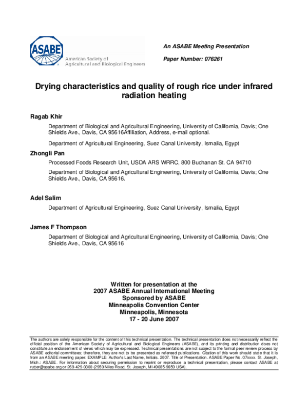 (PDF) Drying characteristics and quality of rough rice under infrared ...