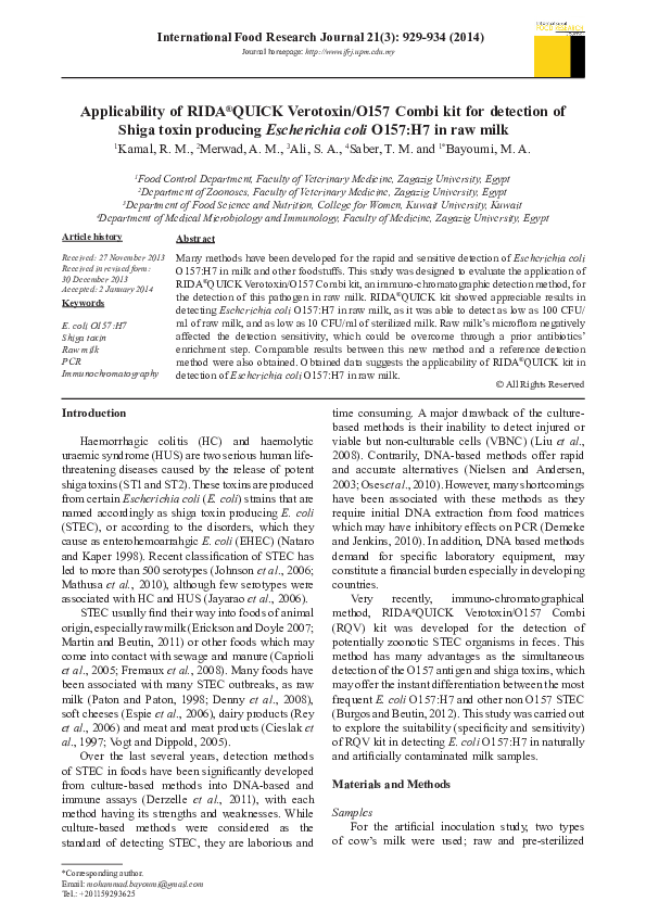 (PDF) Applicability of RIDA ® QUICK Verotoxin/O157 Combi kit for ...