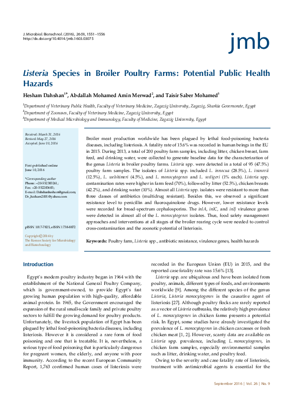 (PDF) Listeria Species in Broiler Poultry Farms Potential Public