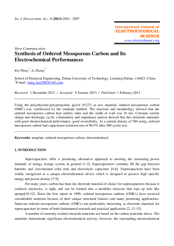 (PDF) Synthesis of Ordered Mesoporous Carbon and Its Electrochemical ...