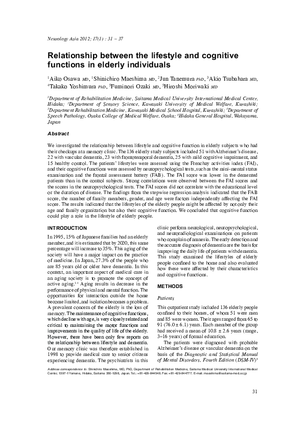 (PDF) Relationship between the lifestyle and cognitive functions in ...