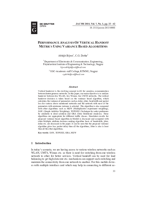 (PDF) Performance Analysis of Vertical handoff metrics using Variance ...