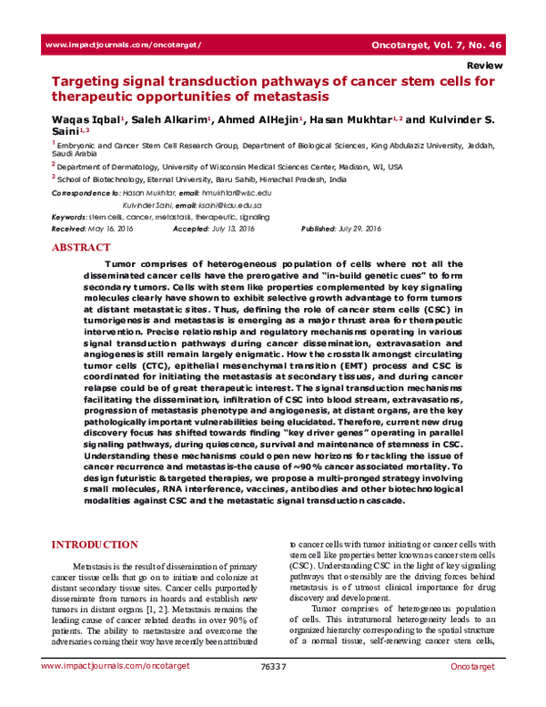 (PDF) Targeting signal transduction pathways of cancer stem cells for ...