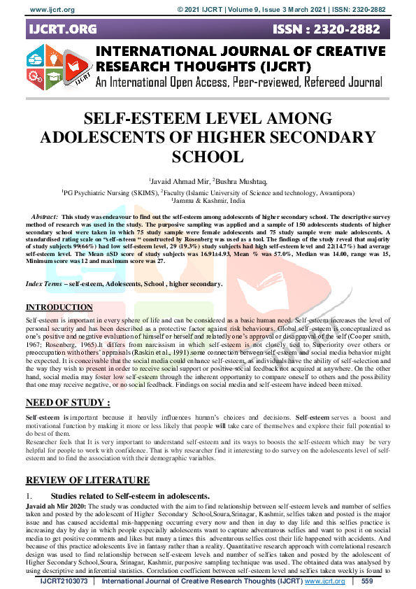(PDF) Self-Esteem Level Among Adolescents of Higher Secondary School