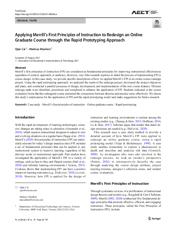 (PDF) Applying Merrill's First Principles of Instruction: Practical Methods Based on a Review of ...