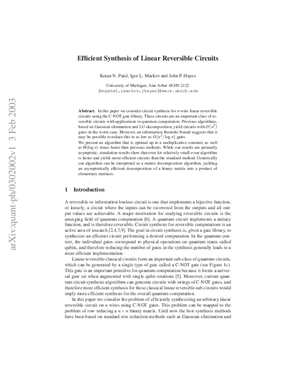 (PDF) Efficient Synthesis of Linear Reversible Circuits